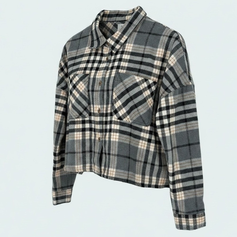 Mila & Tiff Plaid Flannel Shirt Womens Medium Gray Cropped Long Sleeve Grunge‎